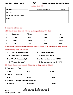 Examination English Class 5 - Test 4 - School Year 2014-2015 - Nguyen Tien Dung