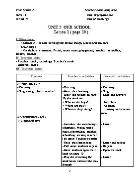 Lesson Plan English Grade 2 - Unit 2: Our School (Lesson 1 to 6) - Pham Song Hao