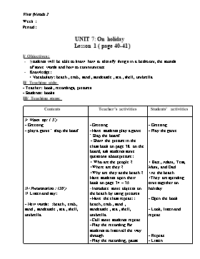 Lesson Plan English Grade 2 - Unit 7: On Holiday (Lesson 1 to 6) - Pham Song Hao