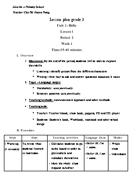 Lesson Plan English Grade 3 - Unit 1, Lesson 1, Priod 2 - Chu Thi Huyen Trang