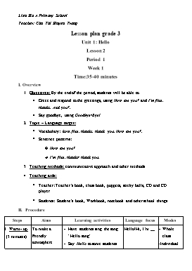 Lesson Plan English Grade 3 - Unit 1, Lesson 2, Period 1 - Chu Thi Huyen Trang