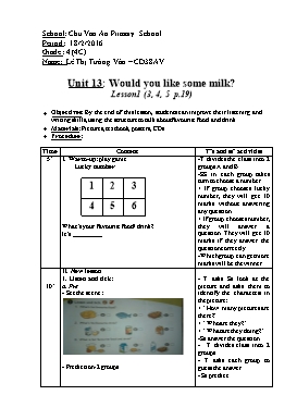 English Lesson Plan Grade 4 - Unit 13: Would you like some milk? - Lesson 1 (3,4,5) - School Year 2015-2016 - Le Thi Tuong Van