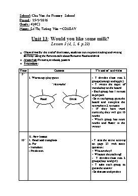English Lesson Plan Grade 4 - Unit 13: Would you like some milk? - Lesson 3 (4,5,6) - School Year 2015-2016 - Le Thi Tuong Van