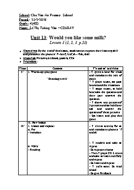 English Lesson Plan Grade 4 - Unit 13: Would you like some milk? - Lesson 3 (1,2,3) - School Year 2015-2016 - Le Thi Tuong Van