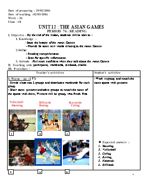 Lesson plan English 11 - Period 76, Unit 12:The Asian Games (Reading) - School year 2015-2016