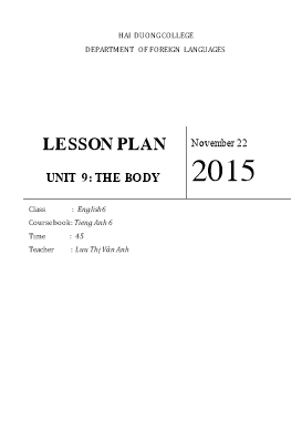 Lesson Plan English 6 - Unit 9: The Body - Lesson 1: Parts of the body (A1-2) - School year 2015-2016 - Luu Thi Van Anh