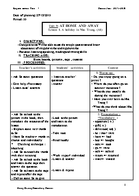 Lesson plan English 7 - Period 55 to 67, Unit 9: At home and away - Lesson 1, 2, 3 - School year 2015-2016 - Hong Duong Secondary School