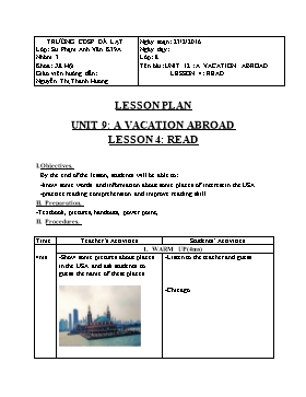 Lesson plan English 8 - Unit 12: A vacation abroad - Lesson 4: Read - School year 2015-2016