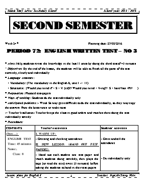 Lesson plans for English 8 - Period 72: English written test No 3 - School year 2015-2016 - Nguyen Trung Kien
