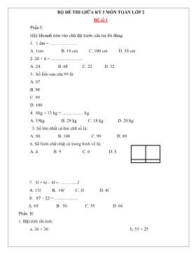 Bộ đề thi giữa học kỳ I môn Toán Lớp 2