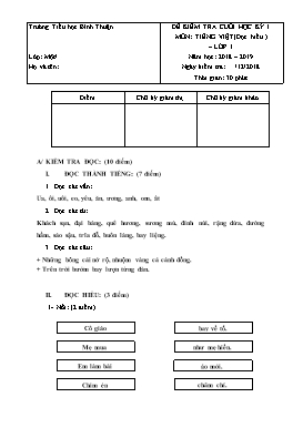 Đề kiểm tra cuối học kỳ I môn Tiếng Việt Lớp 1 - Đề 17 - Năm học 2018-2019 - Trường TH Bình Thuận (Có ma trận và đáp án)