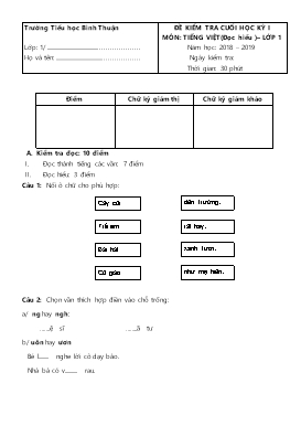 Đề kiểm tra cuối học kỳ I môn Tiếng Việt Lớp 1 - Đề 22 - Năm học 2018-2019 - Trường TH Bình Thuận (Có ma trận và đáp án)