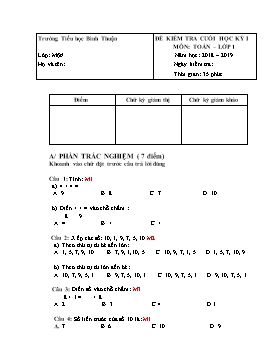 Đề kiểm tra cuối học kỳ I môn Toán Lớp 1 - Đề 6 - Năm học 2018-2019 - Trường TH Bình Thuận (Có ma trận và đáp án)