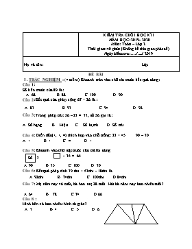 Đề kiểm tra cuối học kỳ I môn Toán Lớp 2 - Năm học 2019-2020