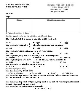 Đề kiểm tra cuối học kỳ I môn Toán Lớp 5 - Năm học 2017-2018 - Trường TH Nam Viêm