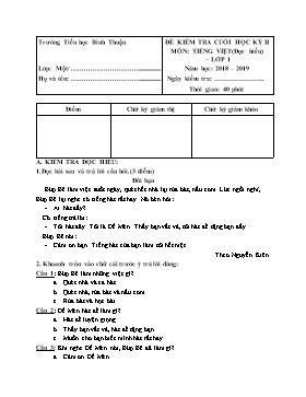 Đề kiểm tra cuối học kỳ II môn Tiếng Việt Lớp 1 - Đề 2 - Năm học 2018-2019 - Trường TH Bình Thuận