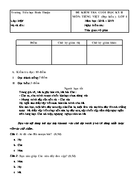 Đề kiểm tra cuối học kỳ II môn Tiếng Việt Lớp 1 - Đề 4 - Năm học 2018-2019 - Trường TH Bình Thuận