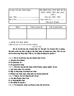 Đề kiểm tra cuối học kỳ II môn Tiếng Việt Lớp 1 - Đề 8 - Năm học 2018-2019 - Trường TH Bình Thuận