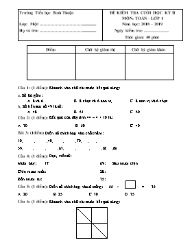 Đề kiểm tra cuối học kỳ II môn Toán Lớp 1 - Đề 1 - Năm học 2018-2019 - Trường TH Bình Thuận