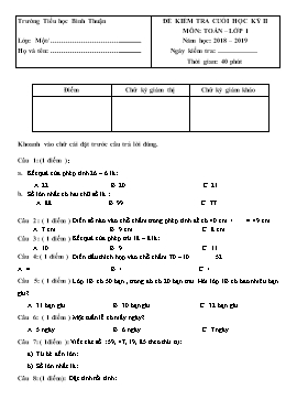 Đề kiểm tra cuối học kỳ II môn Toán Lớp 1 - Đề 2 - Năm học 2018-2019 - Trường TH Bình Thuận