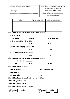 Đề kiểm tra cuối học kỳ II môn Toán Lớp 1 - Đề 3 - Năm học 2018-2019 - Trường TH Bình Thuận