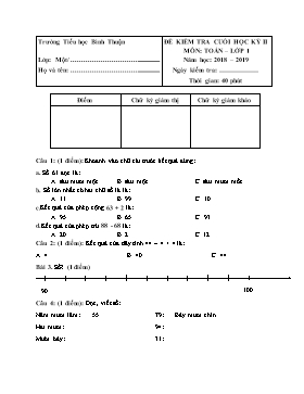 Đề kiểm tra cuối học kỳ II môn Toán Lớp 1 - Đề 4 - Năm học 2018-2019 - Trường TH Bình Thuận