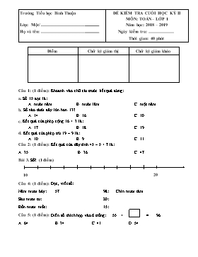 Đề kiểm tra cuối học kỳ II môn Toán Lớp 1 - Đề 5 - Năm học 2018-2019 - Trường TH Bình Thuận