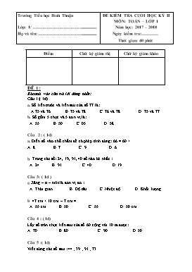 Đề kiểm tra cuối học kỳ II môn Toán Lớp 1 - Đề 6 - Năm học 2018-2019 - Trường TH Bình Thuận