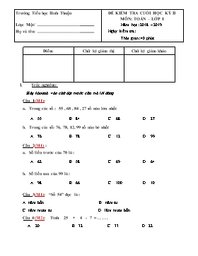 Đề kiểm tra cuối học kỳ II môn Toán Lớp 1 - Đề 7 - Năm học 2018-2019 - Trường TH Bình Thuận