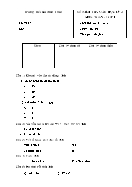 Đề kiểm tra cuối học kỳ II môn Toán Lớp 1 - Đề 9 - Năm học 2018-2019 - Trường TH Bình Thuận