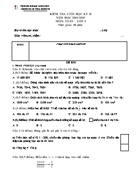 Đề kiểm tra cuối học kỳ II môn Toán Lớp 4 - Năm học 2019-2020 - Trường TH Phú Cường