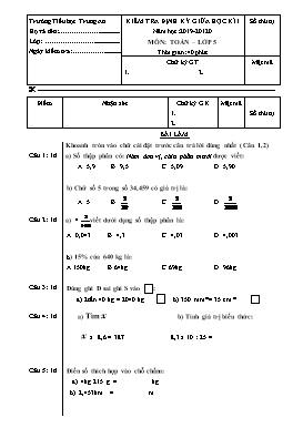 Đề kiểm tra định kỳ giữa học kỳ I môn Toán Lớp 5 - Năm học 2019-2020 - Trường TH Trung An