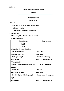 Giáo án Các môn Lớp 1 - Tuần 3 - Năm học 2019-2020 (Bản 2 cột)