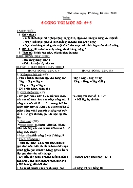 Giáo án môn Toán Lớp 2 - Bài: 6 cộng với một số 6+5 - Năm học 2019-2020