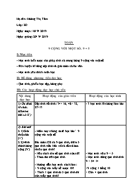 Giáo án Toán Lớp 2 - Bài: 9 cộng với một số. 9+5 - Năm học 2019-2020 - Hoàng Thị Tâm