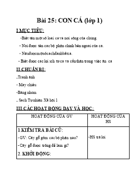 Giáo án Tự nhiên xã hội Lớp 1 - Bài 25: Con cá