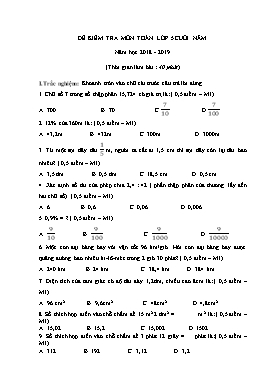Đề kiểm tra môn Toán Lớp 5 - Năm học 2018-2019 (Có đáp án)