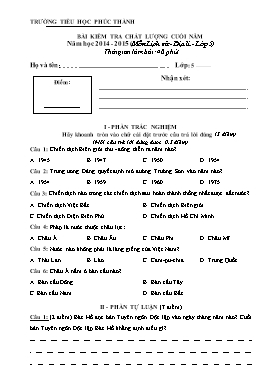 Bài kiểm tra chất lượng cuối năm môn Lịch sử và Địa lý lớp 5 - Năm học 2014-2015 - Trường Tiểu học Phúc Thành (Có hướng dẫn chấm)