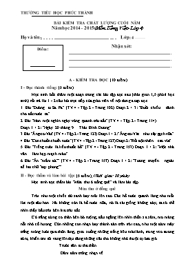 Bài kiểm tra chất lượng cuối năm môn Tiếng Việt lớp 4 - Năm học 2014-2015 - Trường Tiểu học Phúc Thành (Có hướng dẫn chấm)
