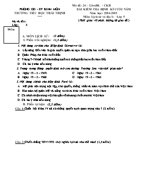 Bài kiểm tra cuối học kì 1 môn Lịch sử và địa lí lớp 5 - Năm học 2014-2015 - Trường Tiểu học Thái Thịnh