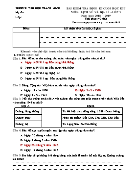 Bài kiểm tra định kì cuối học kì 1 môn Lịch sử và Địa lý lớp 5 - Năm học 2018-2019 - Trường Tiểu học Thăng Long