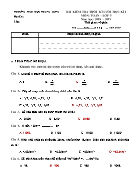 Bài kiểm tra định kì cuối học kì 1 môn Toán lớp 5 - Năm học 2018-2019 - Trường Tiểu học Thăng Long