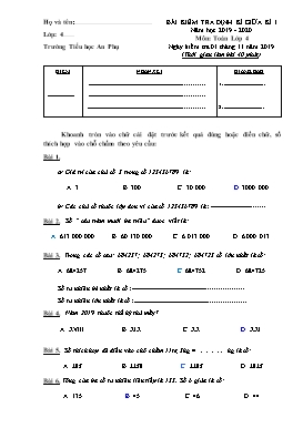 Bài kiểm tra định kì giữa kì 1 môn Toán lớp 4 - Năm học 2019-2020 - Trường Tiểu học An Phụ (Có đáp án)