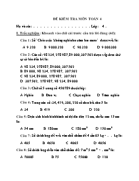 Đề khảo sát môn Toán lớp 4 - Năm học 2019-2020 - Trường Tiểu học Xuân Tiến (Đề 1)