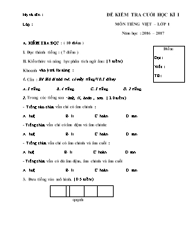 Đề kiểm tra cuối học kì 1 môn Tiếng Việt lớp 1 - Năm học 2016-2017