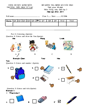 Đề kiểm tra định kì cuối học kỳ 1 môn Tiếng Anh lớp 3 - Năm học 2016-2017 - Trường Tiểu học Tử Lạc
