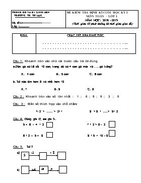 Đề kiểm tra định kì cuối học kỳ 1 môn Toán lớp 1 - Năm học 2018-2019 - Trường Tiểu học Tử Lạc