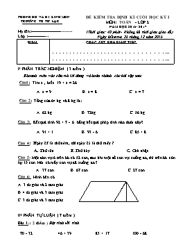 Đề kiểm tra định kì cuối học kỳ 1 môn Toán lớp 2 - Năm học 2016-2017 - Trường Tiểu học Tử Lạc