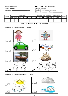 Đề kiểm tra định kì cuối học kỳ 2 môn Tiếng Anh lớp 3 - Năm học 2014-2015 - Trường Tiểu học Gia Xuyên