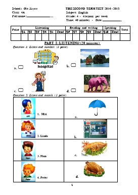 Đề kiểm tra định kì cuối học kỳ 2 môn Tiếng Anh lớp 4 - Năm học 2014-2015 - Trường Tiểu học Tử Lạc